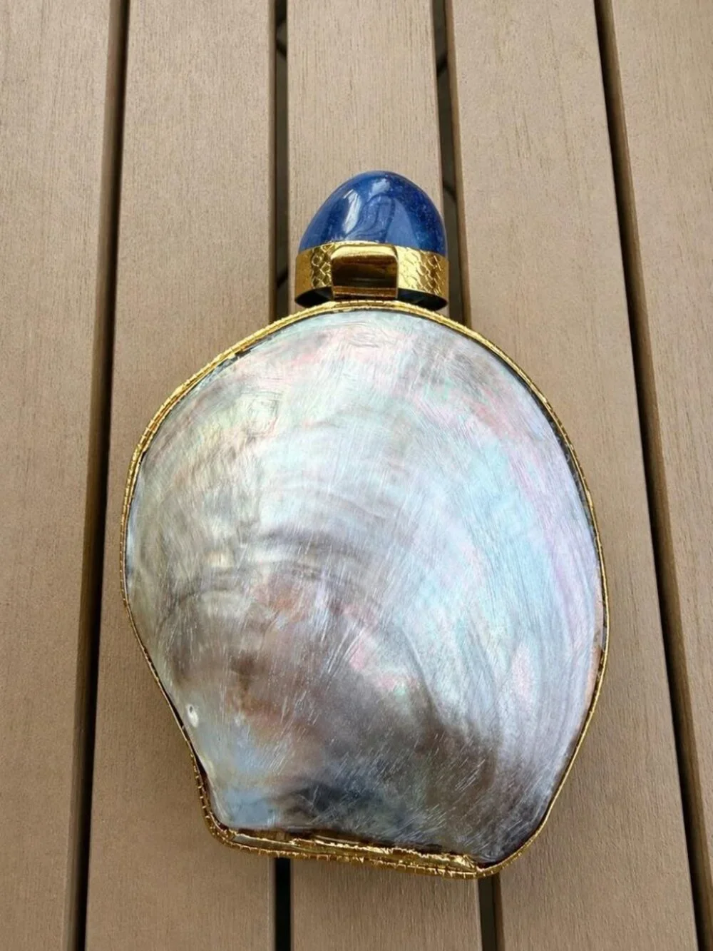 Natural Mother of Pearl Shell Mini Clutch Bag Blue Stone Gold Chain